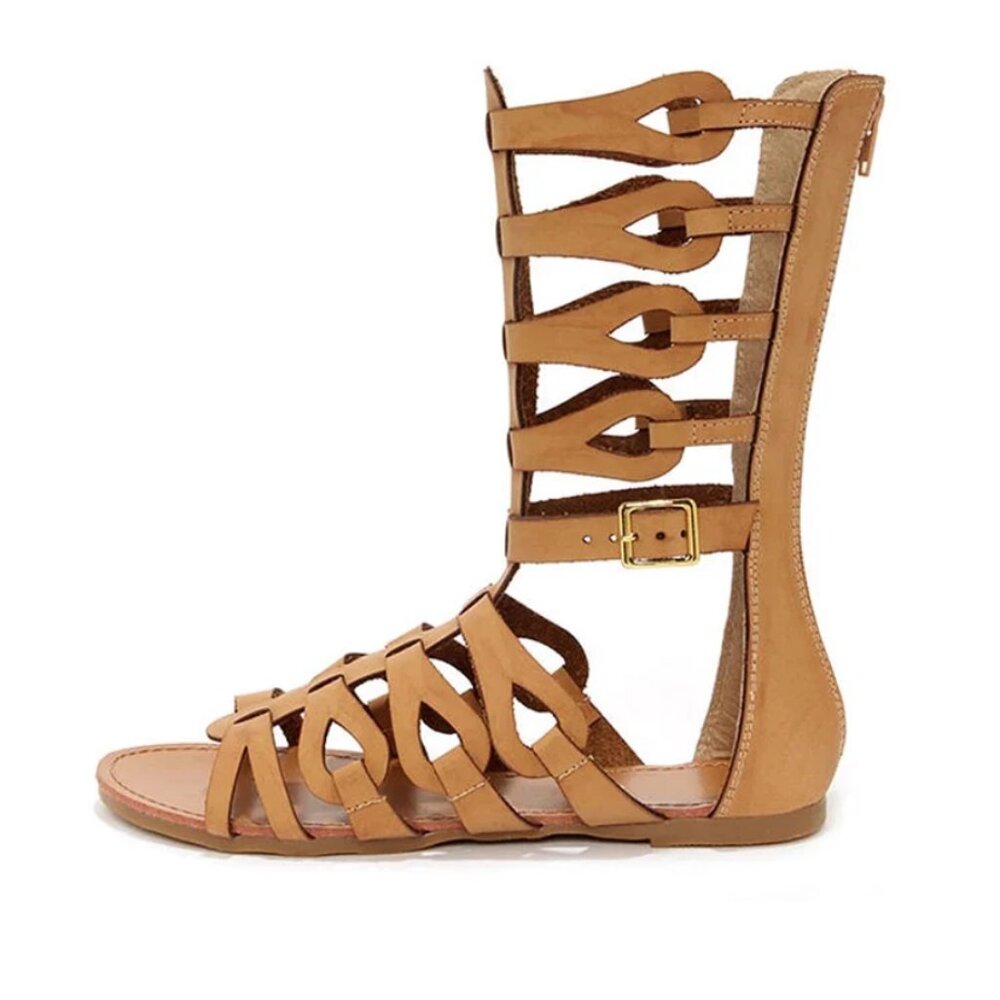 FSJ Khaki Open Toe Gladiator Sandal Comfortable Back Zipper Mid-calf Flat
